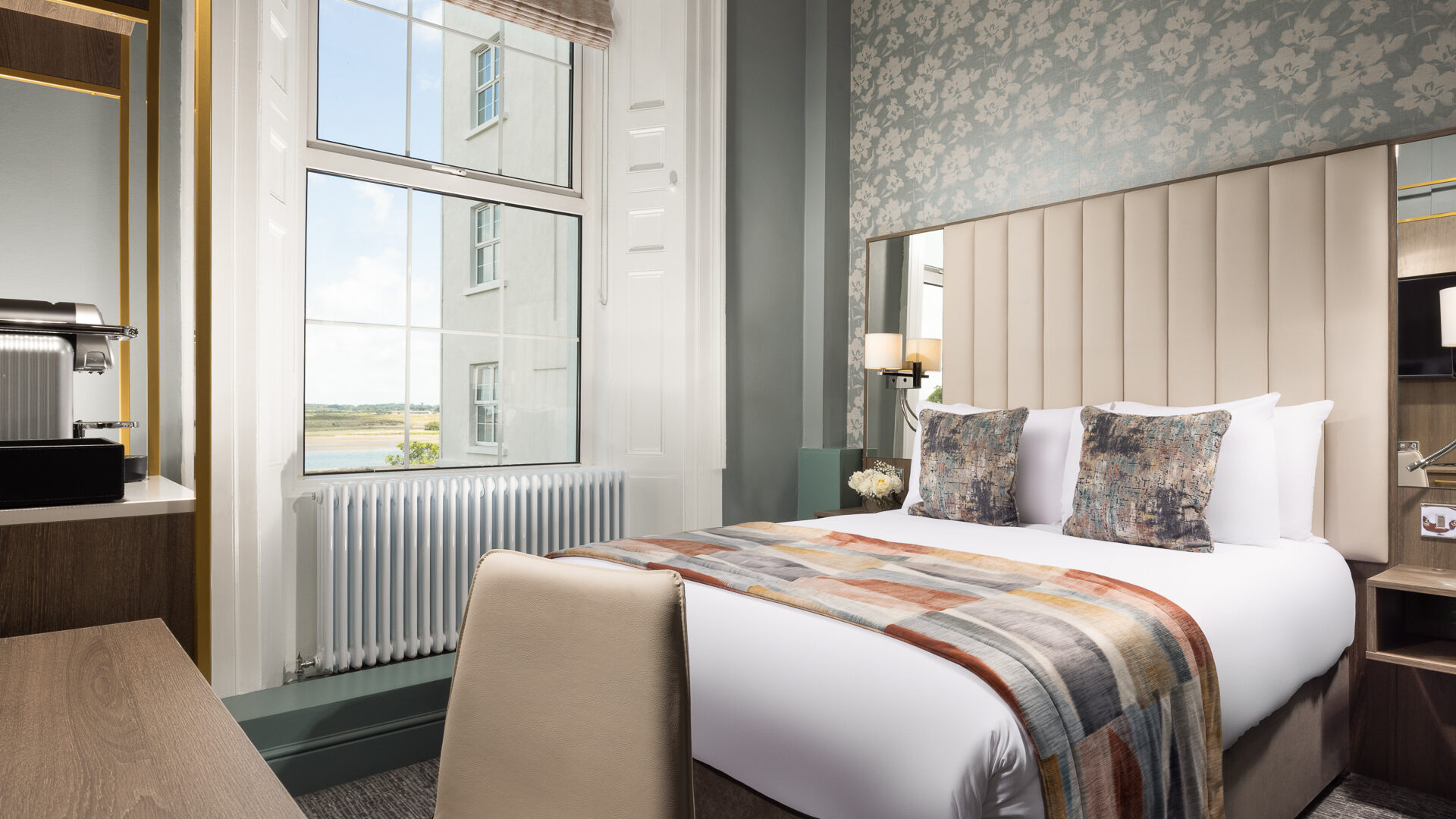 Guest bedroom with a Roman blind made in the CWF sewing room, The Grand Hotel Malahide