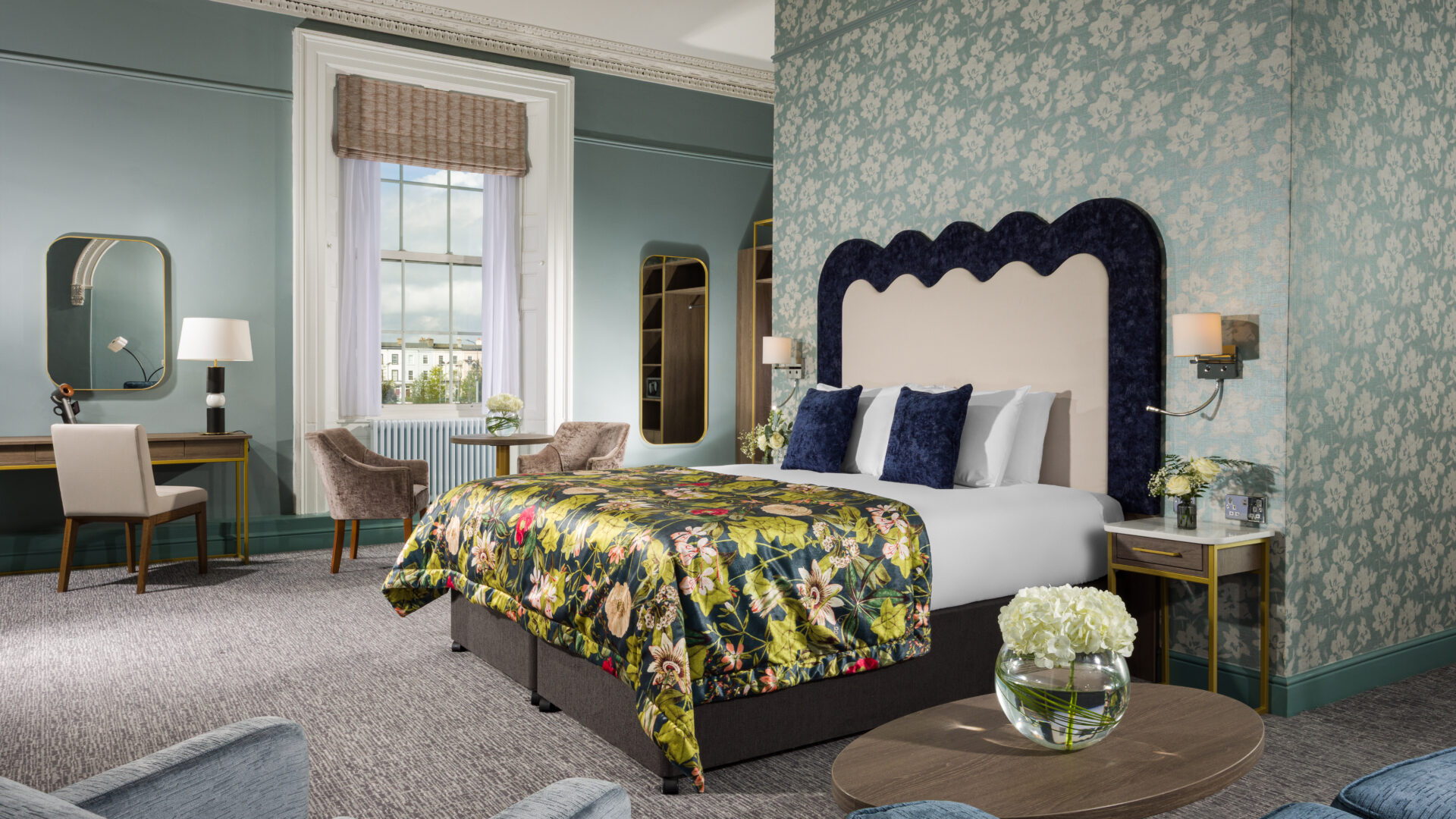 Guest bedroom at The Grand Hotel Malahide with a made-to-measure Roman blind