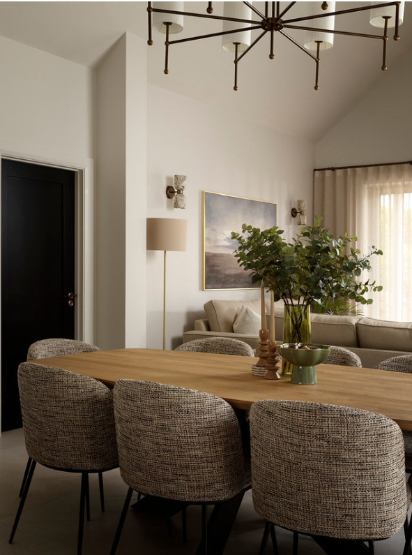 Dining area with sheer almond wave voiles, Wexford home by HD Interiors