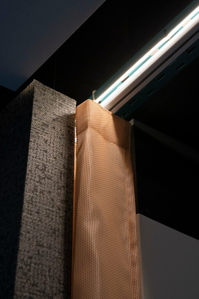 Curtain heading on a suspended track lit by LED at PGIM Letterkenny